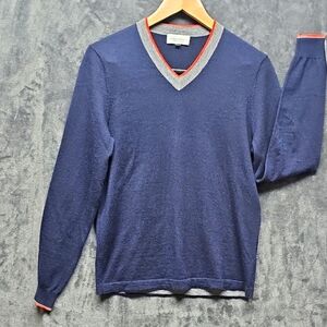 Neiman Marcus Navy V-Neck Sweater with Gray and Red Trim.